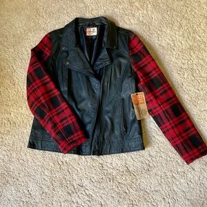 Brand new Ruff Hewn leather jacket with plaid sleeves.